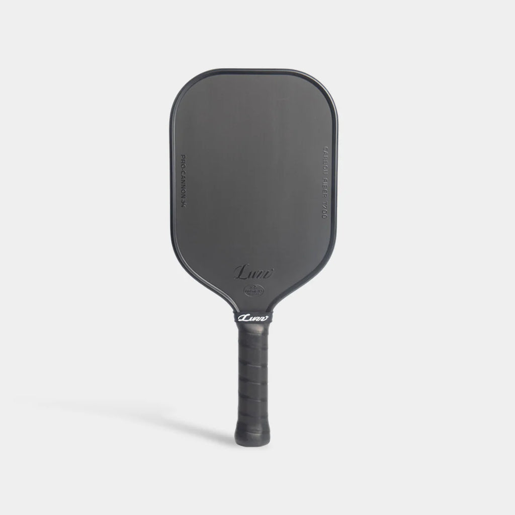 Luzz Pro Cannon blac pickleball paddle on a light gray background