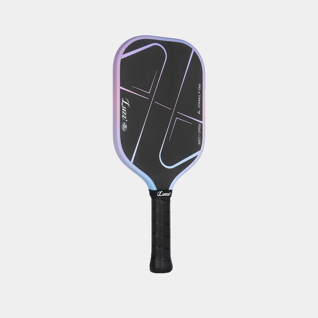 Pickleball paddle with soft pink and blue design on a light gray background