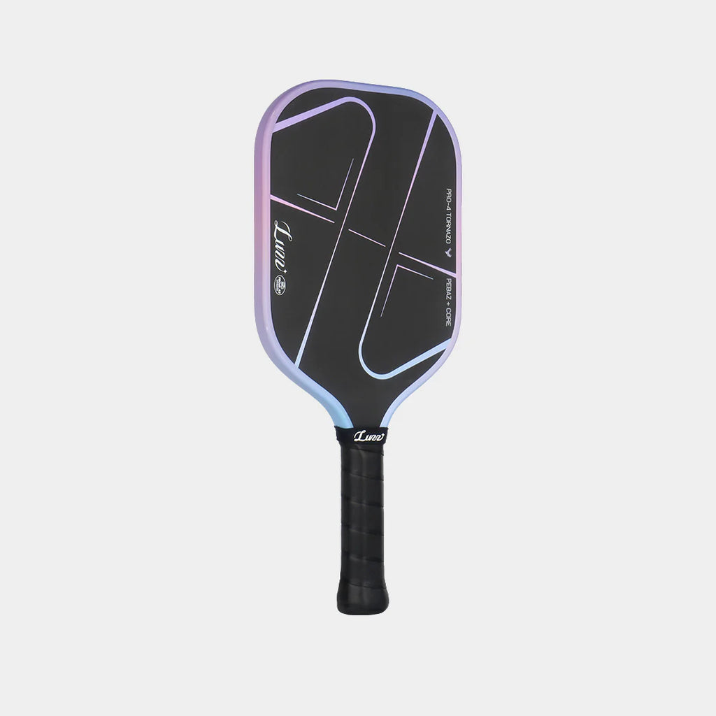 Pickleball paddle with black and purple design on a light gray background