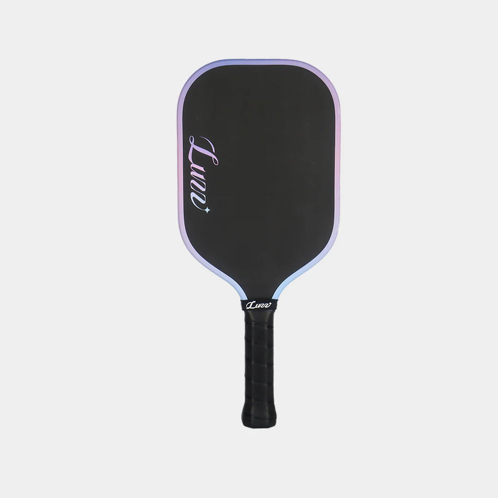Black pickleball paddle with purple accents on a light gray background