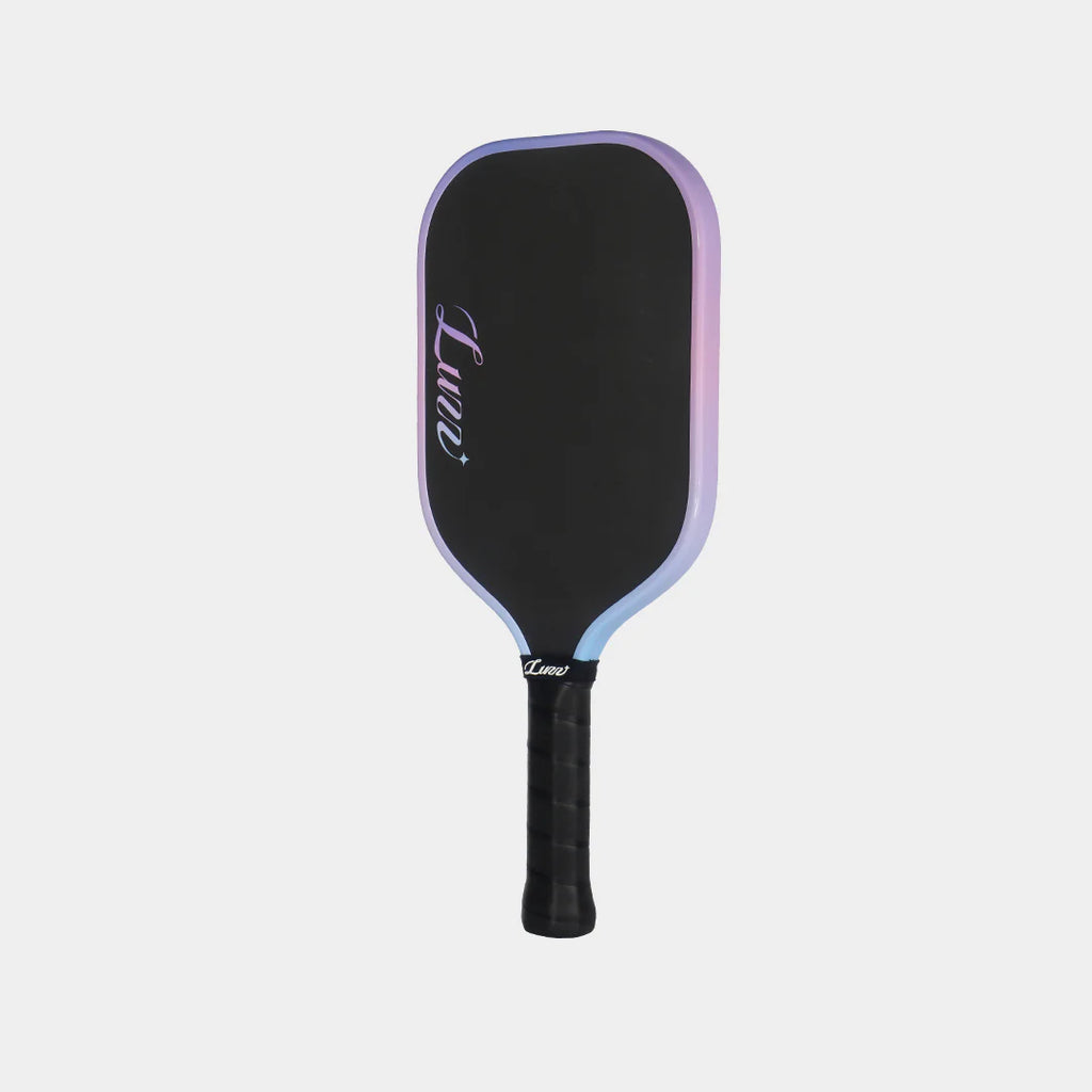 Pickleball paddle with black and purple design on a light gray background