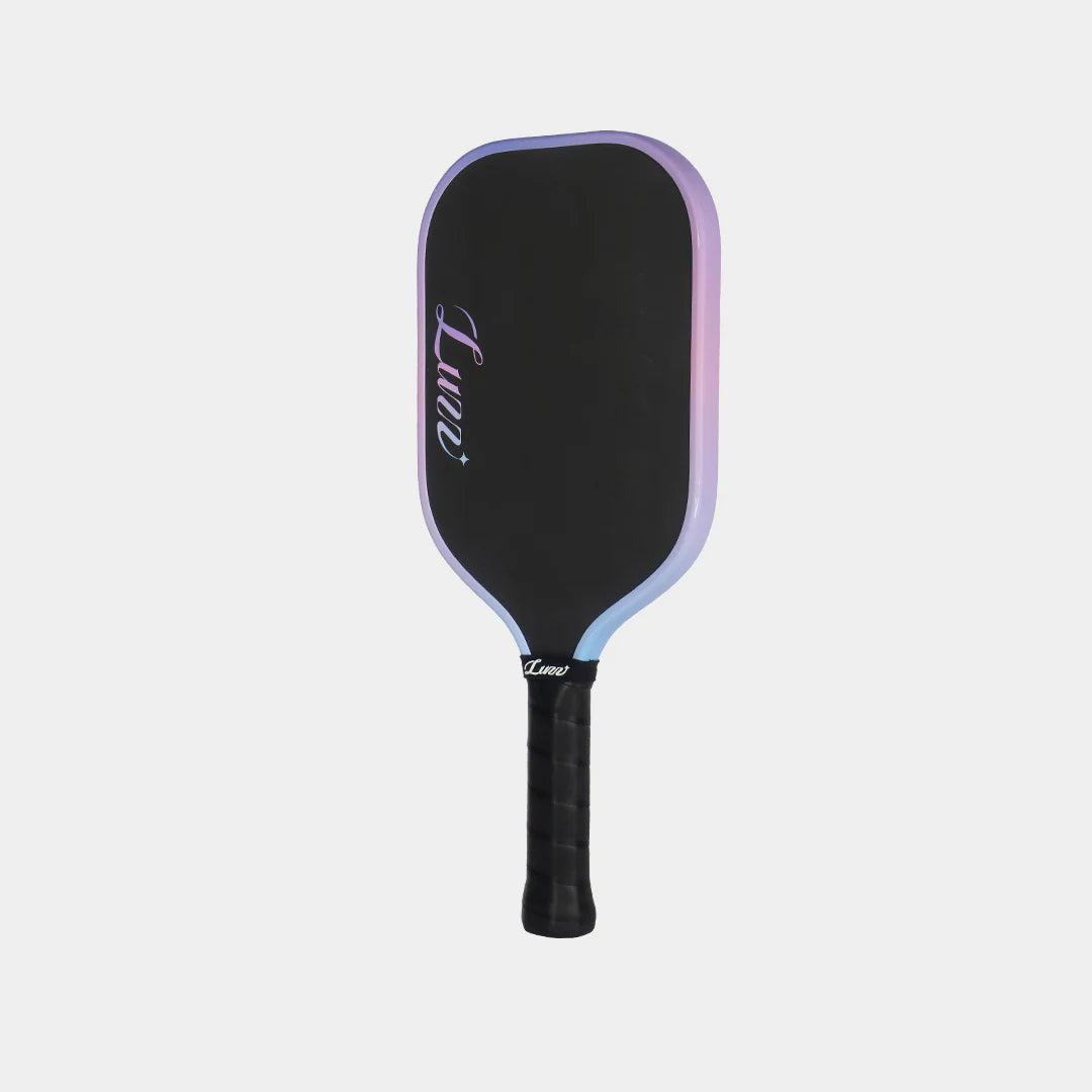 Pickleball paddle with black and purple design on a light gray background