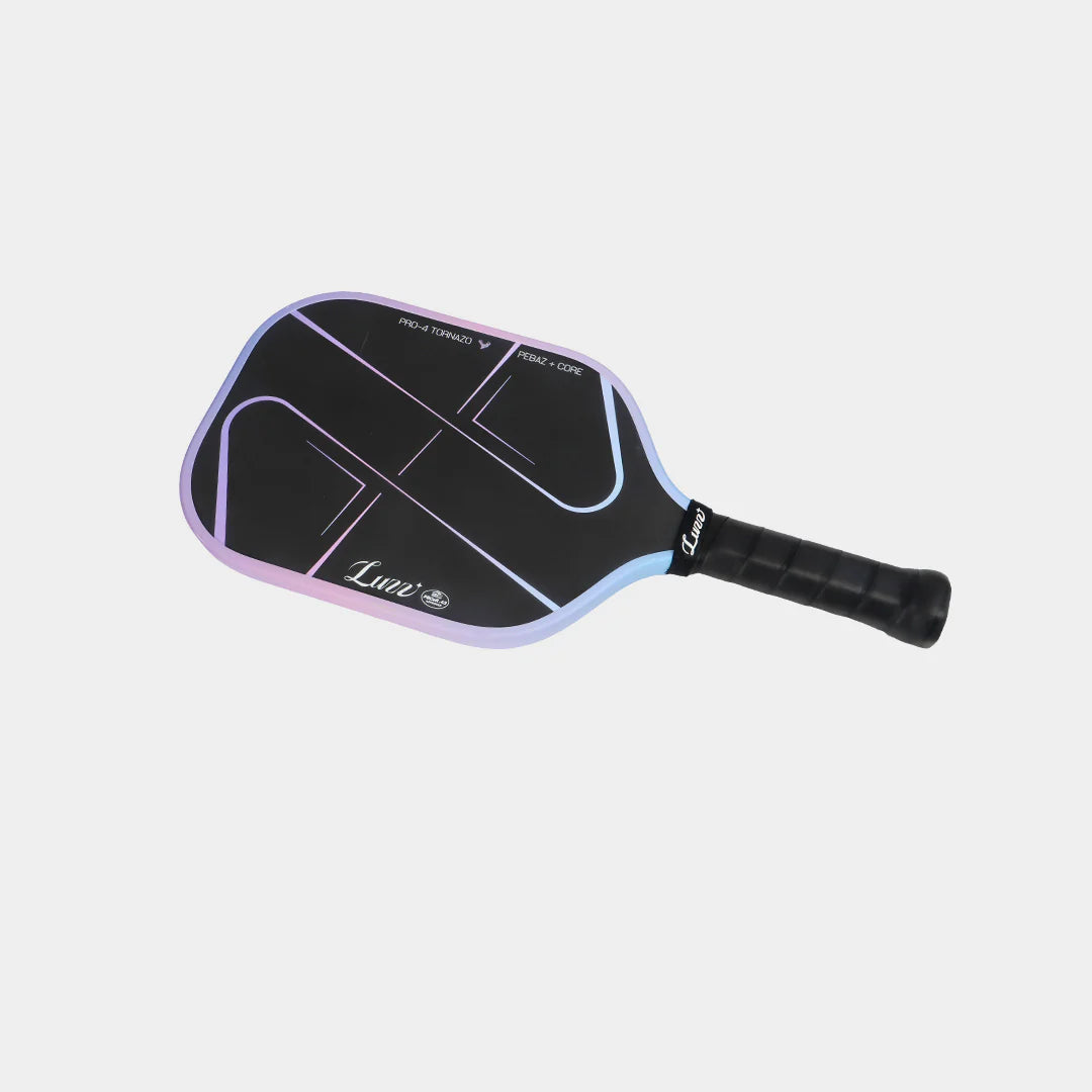 Pickleball paddle with black and purple design on a light gray background