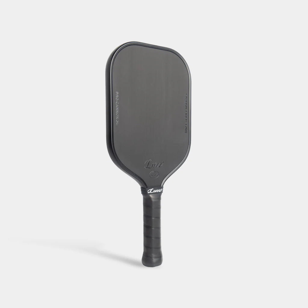 Luzz Pro Cannon all black pickleball paddle on a light gray background
