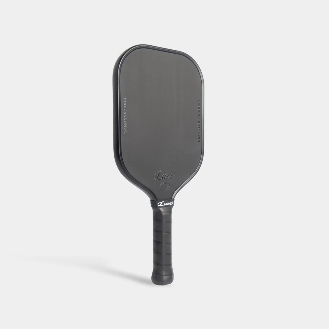 Luzz Pro Cannon all black pickleball paddle on a light gray background