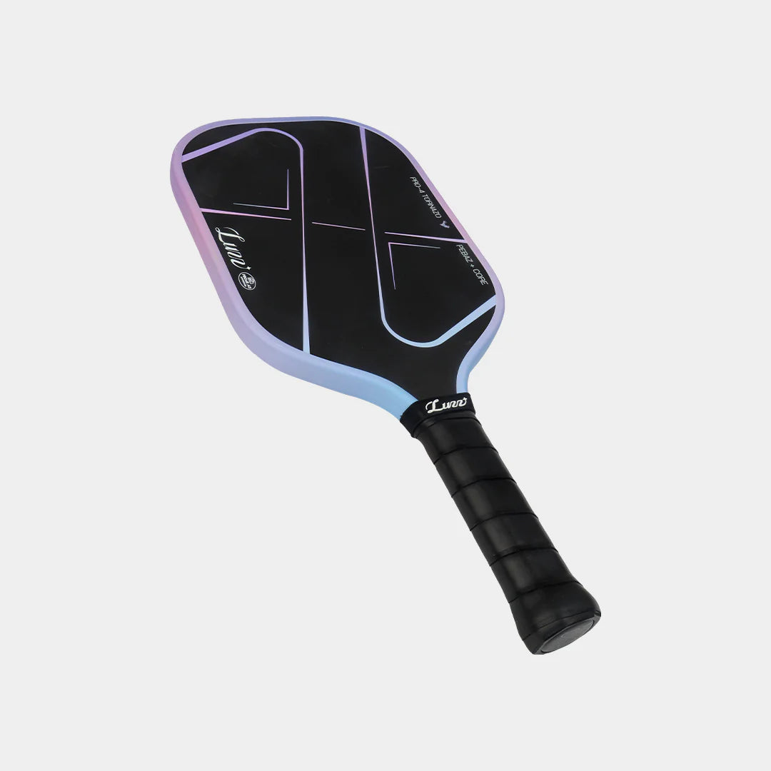 Pickleball paddle with black and light blue design on a white background